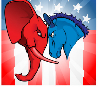 Winners and Loser Event graphic - red elephant butting heads with blue donkey