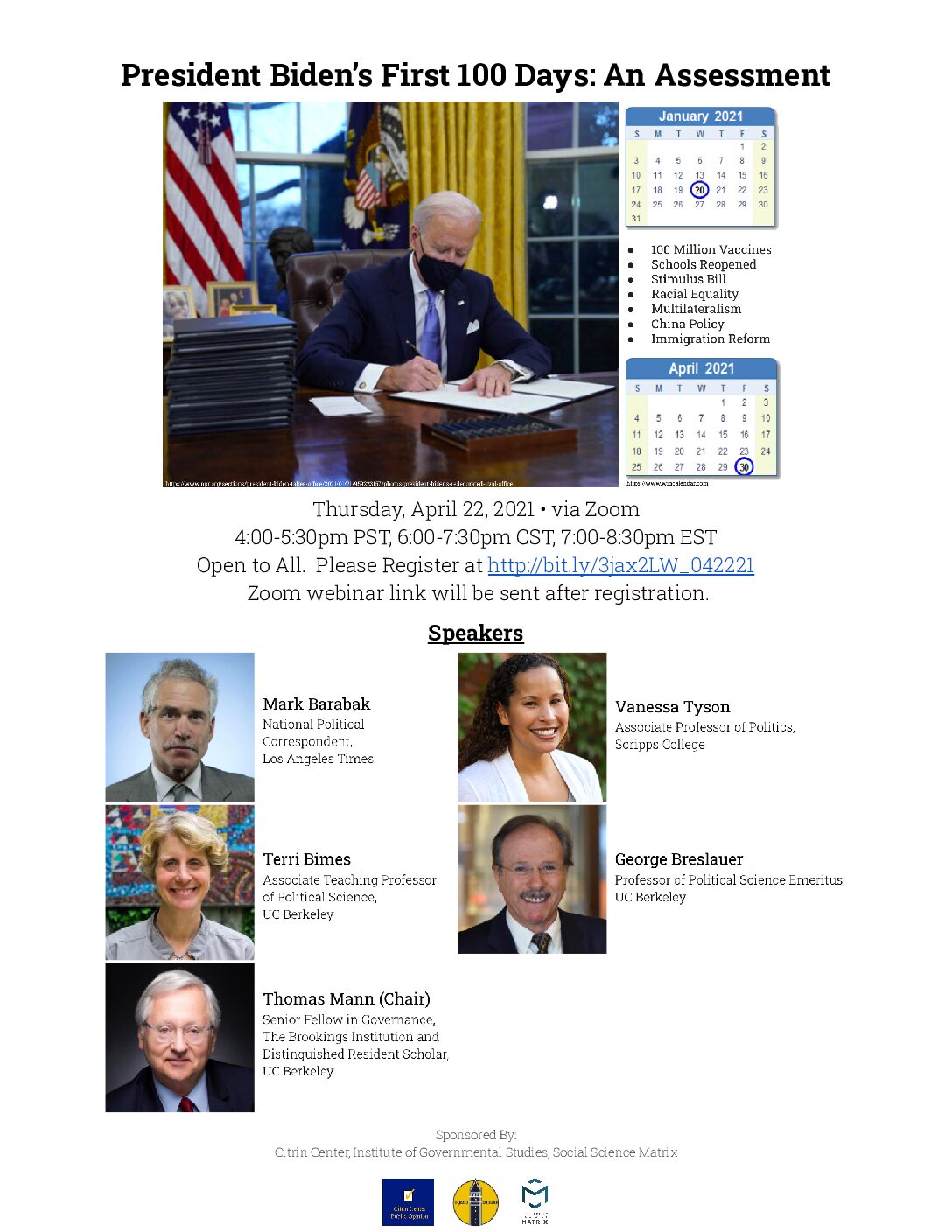 Event flyer for "President Biden’s First 100 Days: An Assessment"