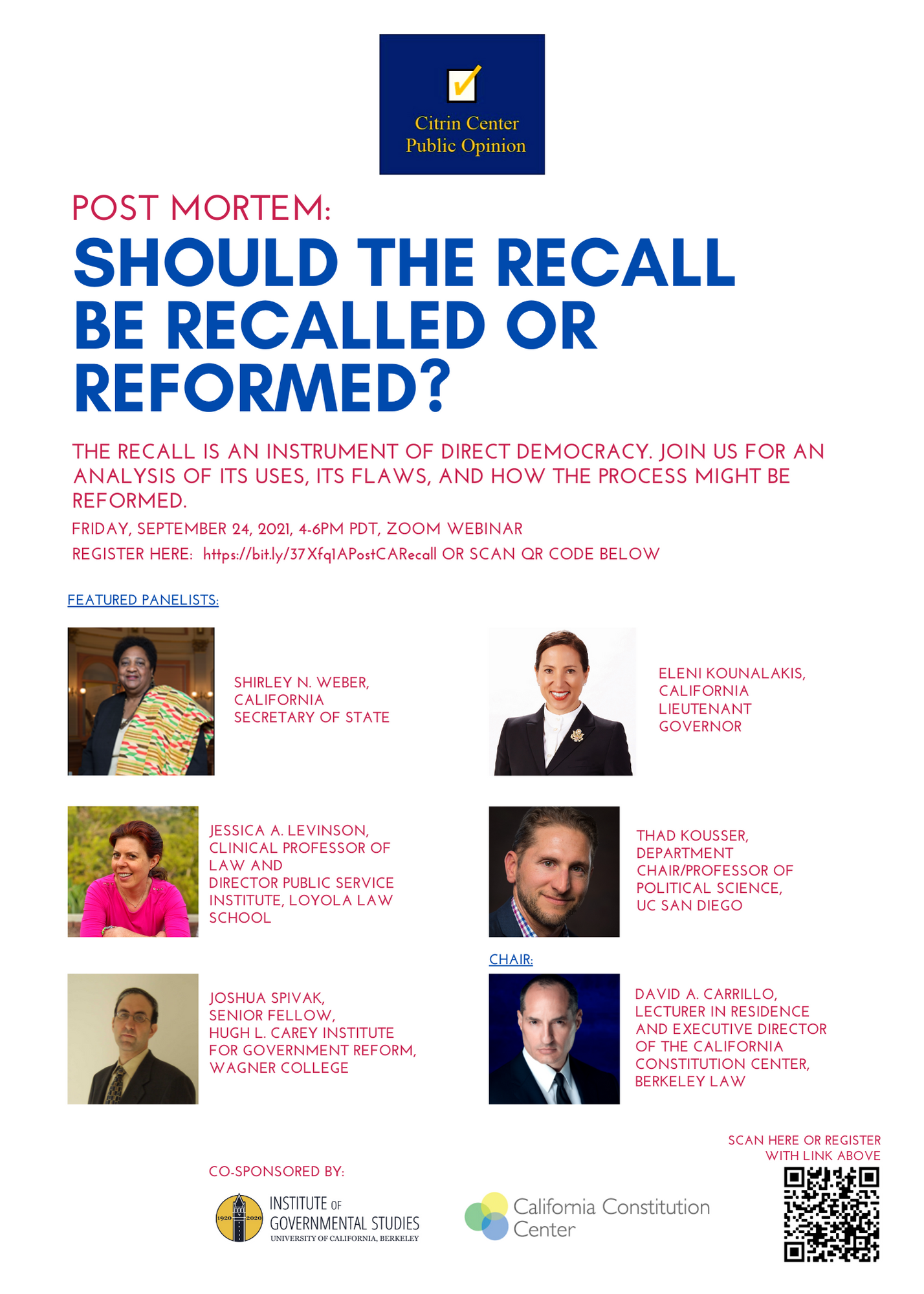 Event flyer for "Post-Mortem: Should the Recall be Recalled or Reformed?"