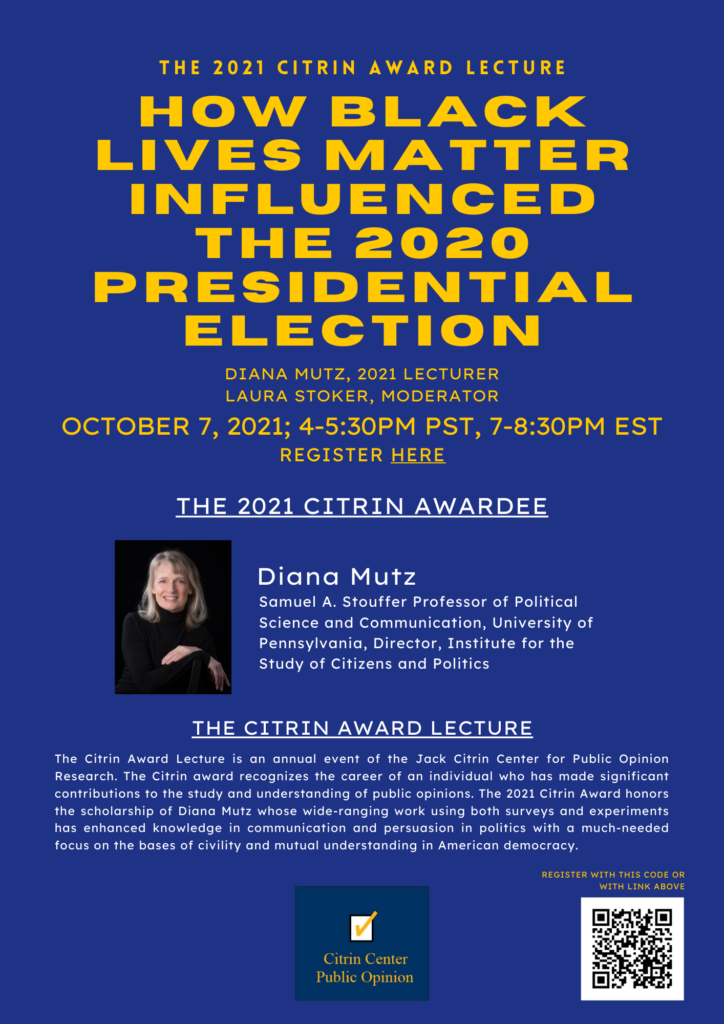 Event flyer for "The 2021 Citrin Award Lecture: How Black Lives Matter Influenced the 2022 Presidential Election" 