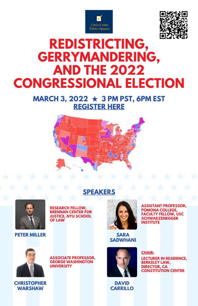 Event flyer for "Redistricting, Gerrymandering, and the 2022 Congressional Election"