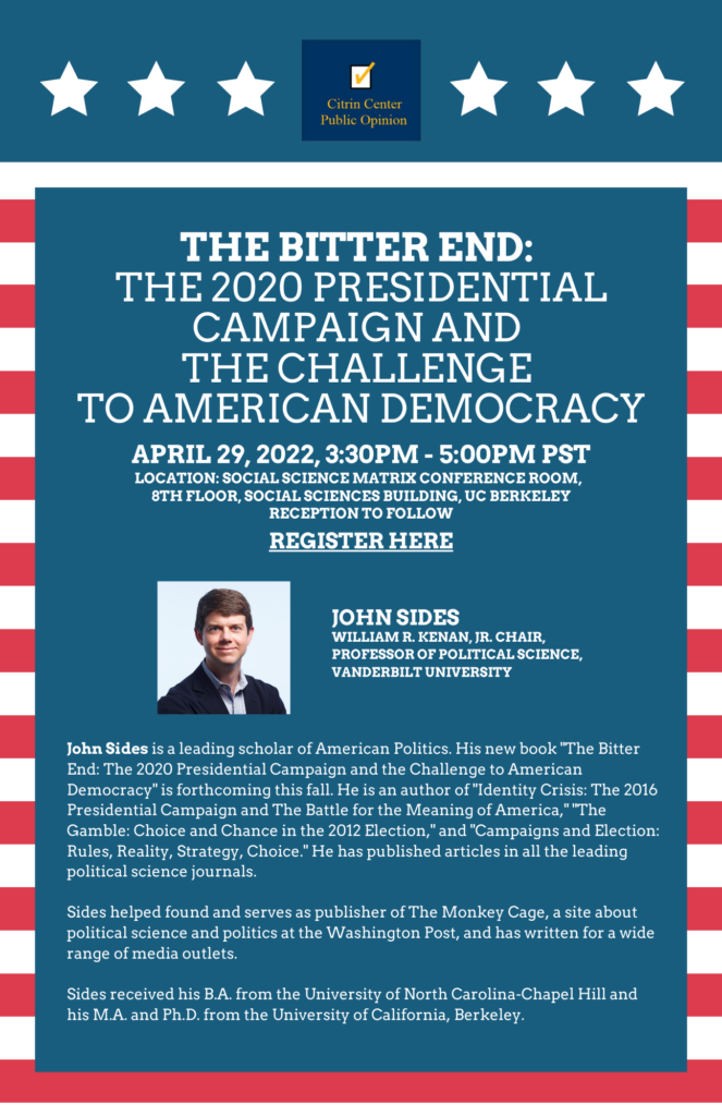 Event flyer for "The Bitter End: the 2020 Presidential Campaign & the Challenge to American Democracy"