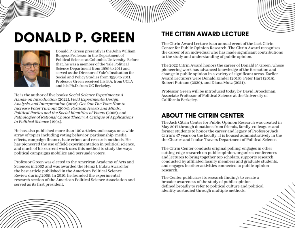Bio of Don Green and Descriptions of the Citrin Award Lecture and the Citrin Center.
