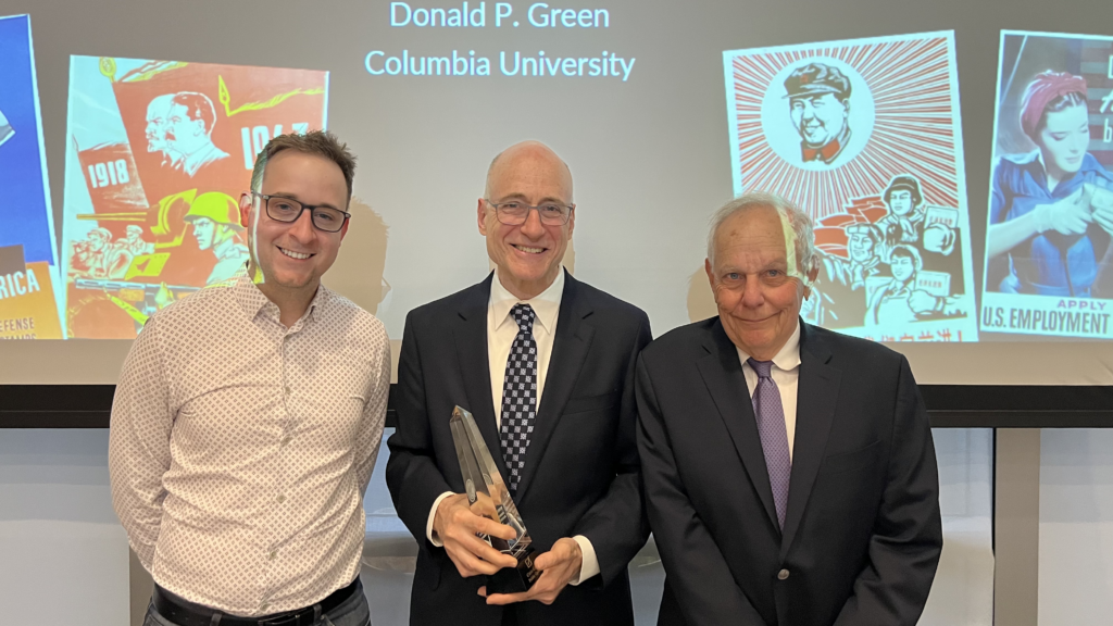 Image of Prof. Donald P. Green with Professors Jack Citrin & David Broockman of UC Berkeley, at the 2022 Citrin Award Lecture.