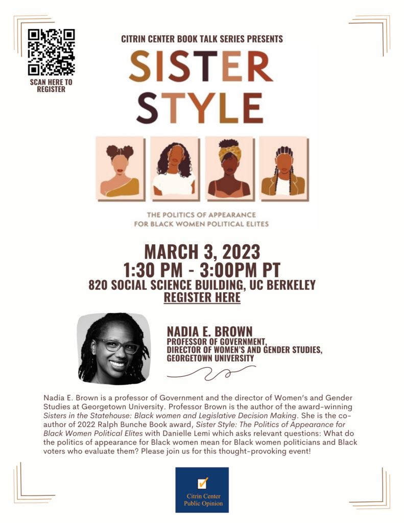 Event flyer for "Sister Style: The Politics of Appearance for Black Women Political Elites" featuring Nadia E. Brown. 